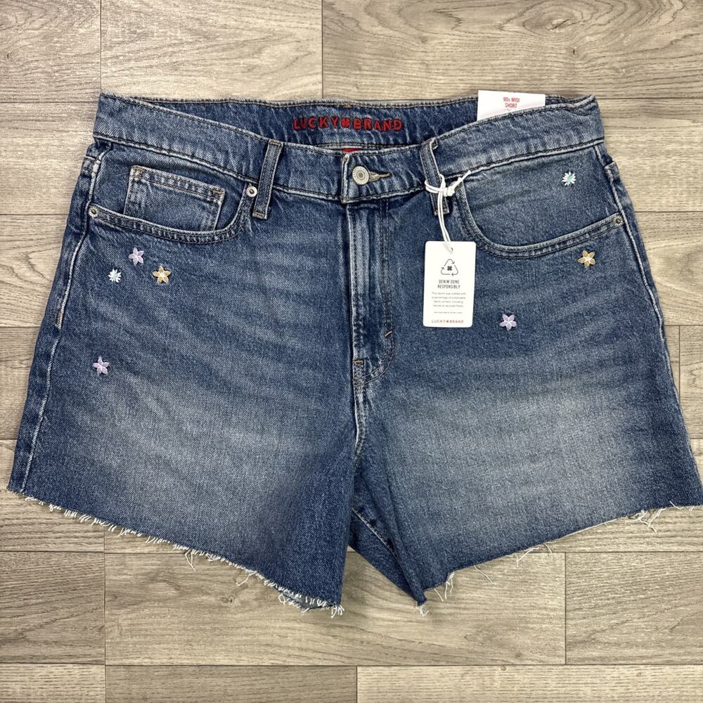 Lucky Brand 90s Midi Denim Jean Shorts Frayed Hem Embroidery Flower sz 12/31